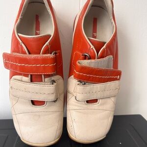 Prada Linea Rossa Leather Sneakers Orange Cream Size 7 Women Designer Shoes